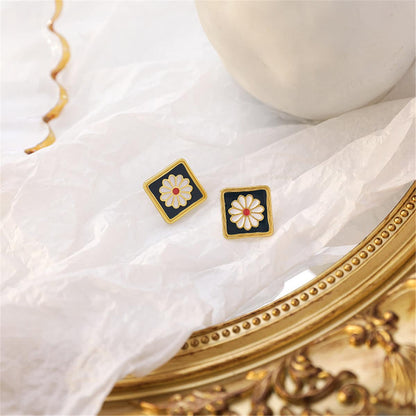 Black Enamel & Goldtone Mum Square Stud Earrings