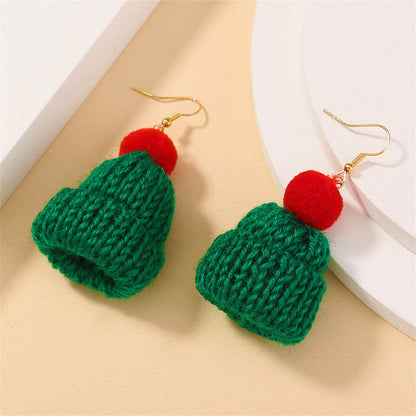 Green & Red Wool & Goldtone Hat Drop Earrings