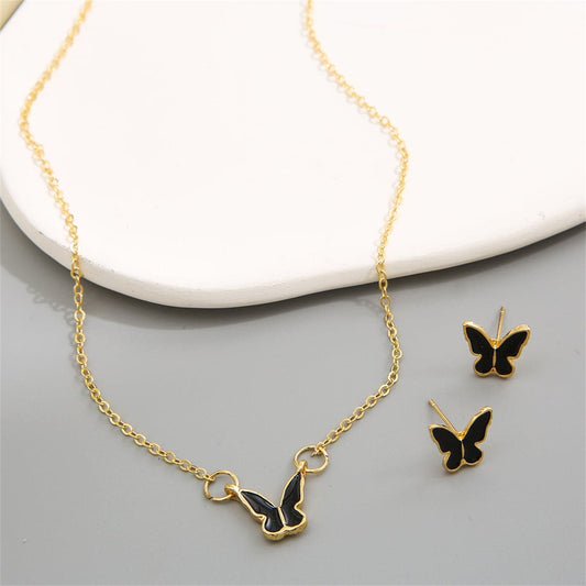 Black Enamel & Goldtone Butterfly Pendant Necklace Set
