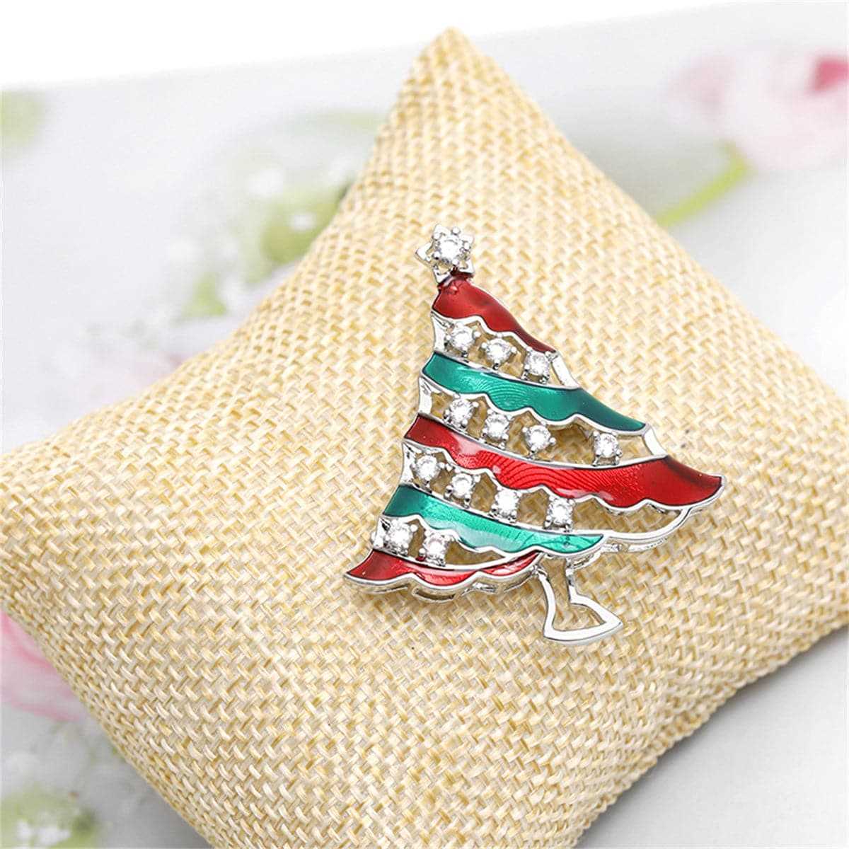 Cubic Zirconia & Silvertone Christmas Tree Brooch