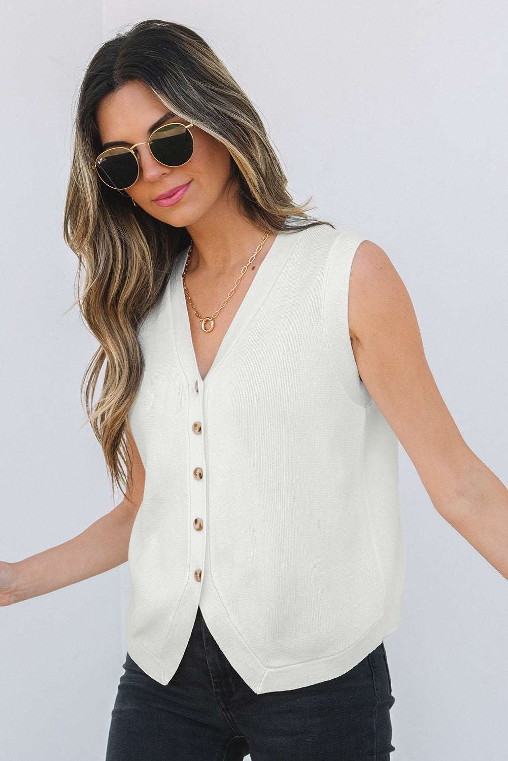 Threaded Pear Izabella V Neck Buttoned Sweater Vest