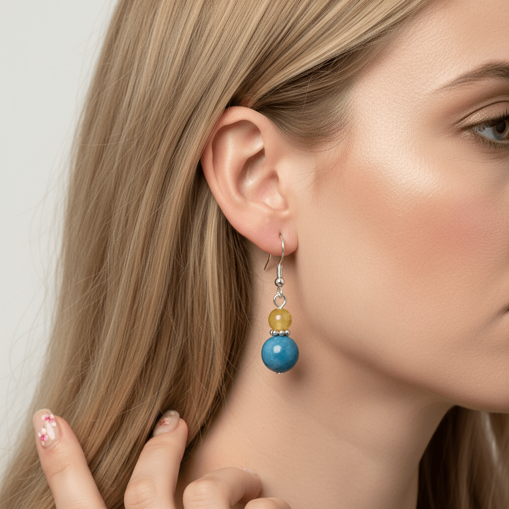Yellow & Blue Jade Silvertone ‌Gourd-Shape Hook Earrings