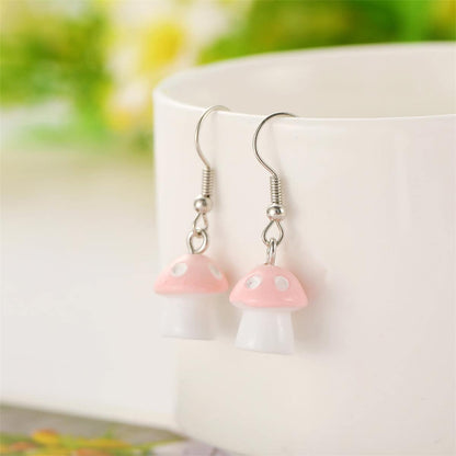 Pink Resin & Silvertone Dot Mushroom Drop Earrings