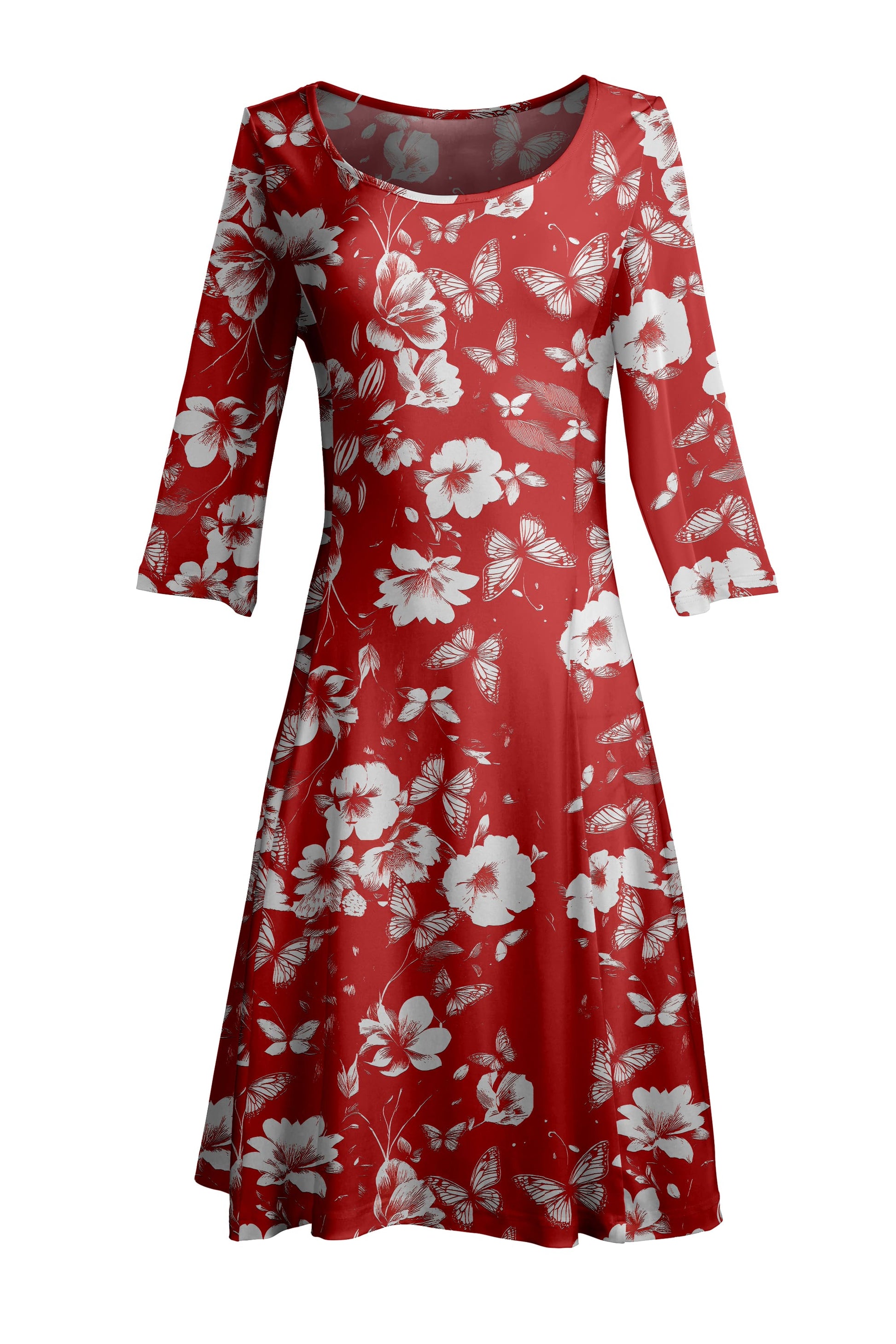 Lily by Firmiana Women’s ¾ Sleeve Fit-and-Flare Dress Red & White Floral Print Red & White Floral Print / 2XL