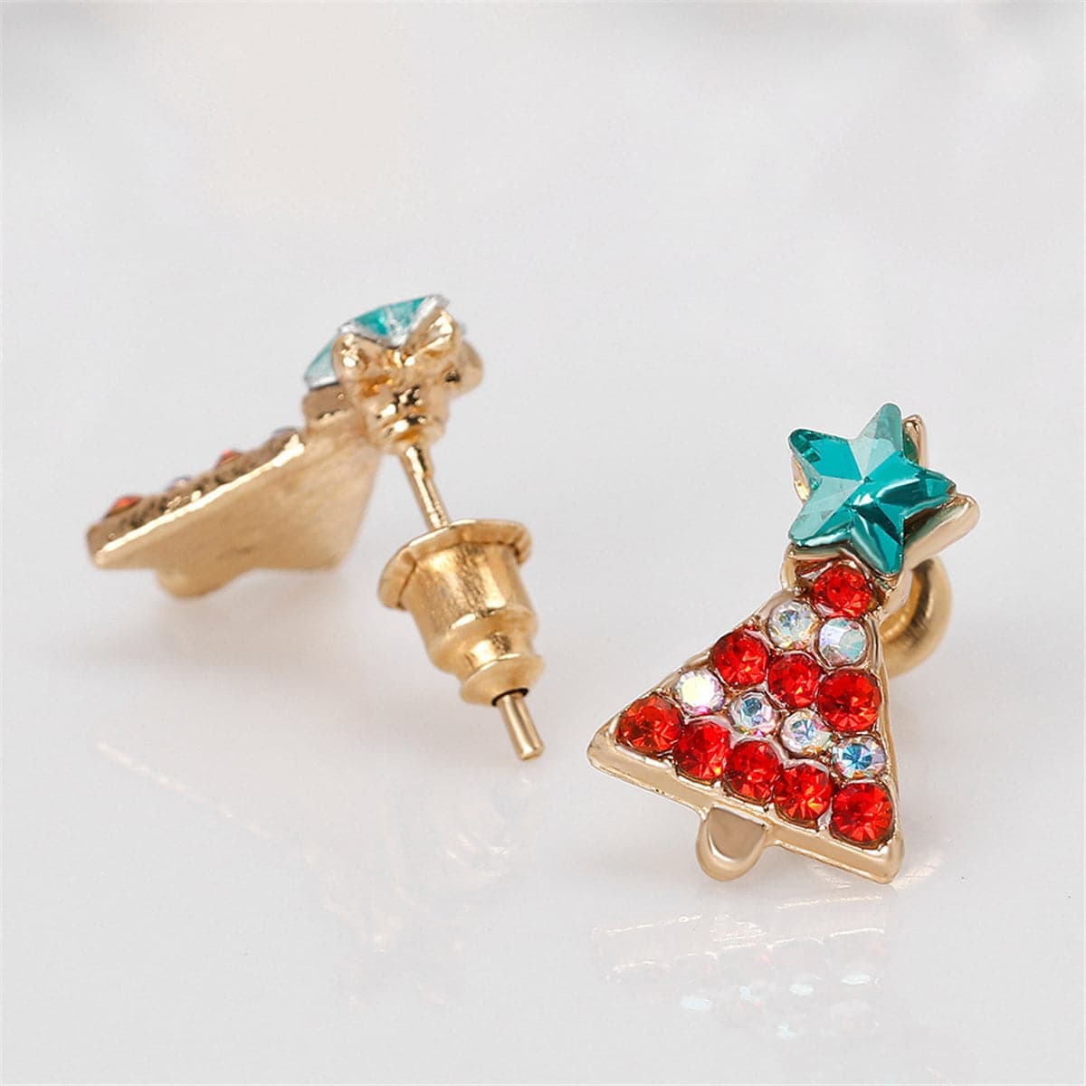 Crystal & Red Cubic Zirconia Christmas Tree & Star Stud Earrings