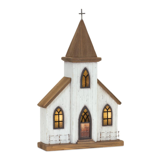 Melrose International Lighted Natural Wooden Church Display with Rustic Metal Accents 17.5"H