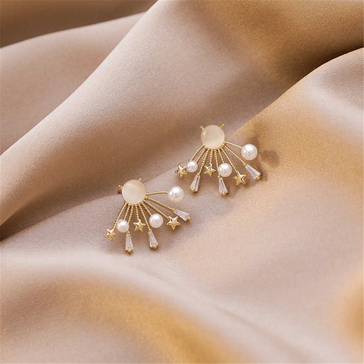Cats Eye & Pearl Goldtone Star Stud Earrings