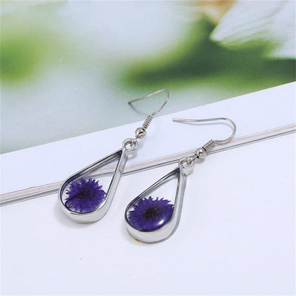 Purple Pressed Peony & Silvertone Drop Earrings