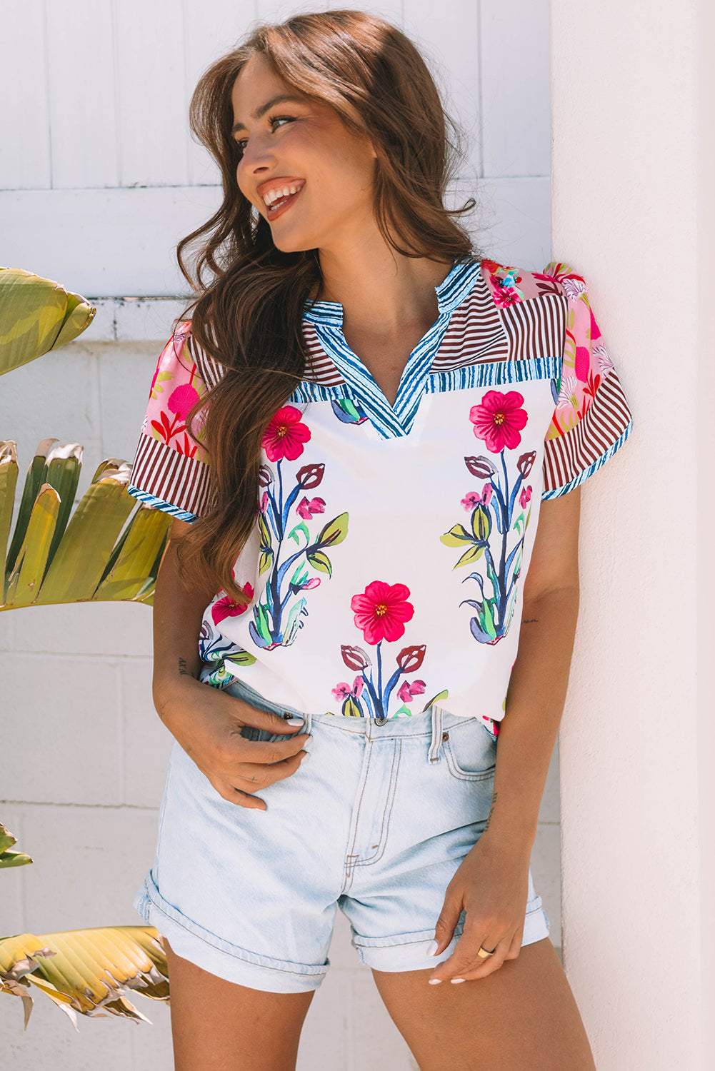 Threaded Pear Maya Floral Striped Split Neck Blouse