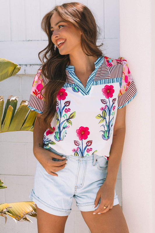Threaded Pear Maya Floral Striped Split Neck Blouse