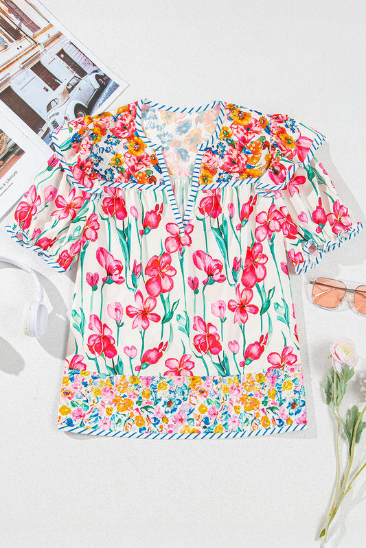 Threaded Pear Greta Floral Split Neck Short Sleeve Blouse