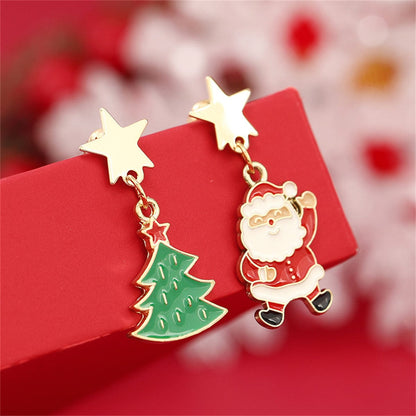 Green Enamel & Goldtone Star Santa Christmas Tree Mismatch Drop Earrings