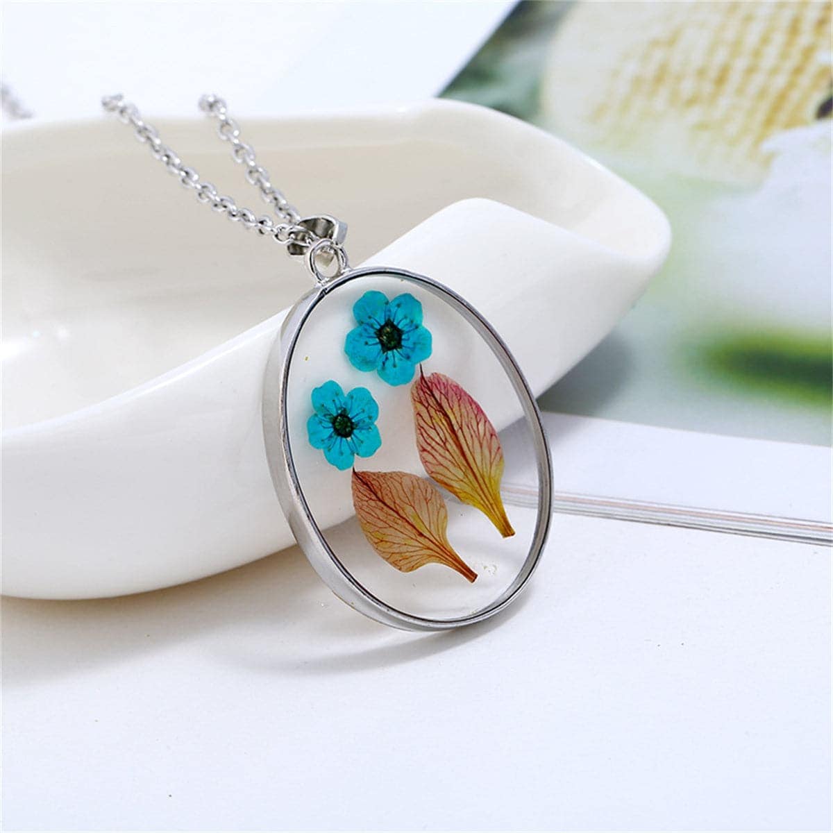 Blue & Green Pressed Flower Oval Pendant Necklace
