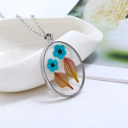 Blue & Green Pressed Flower Oval Pendant Necklace