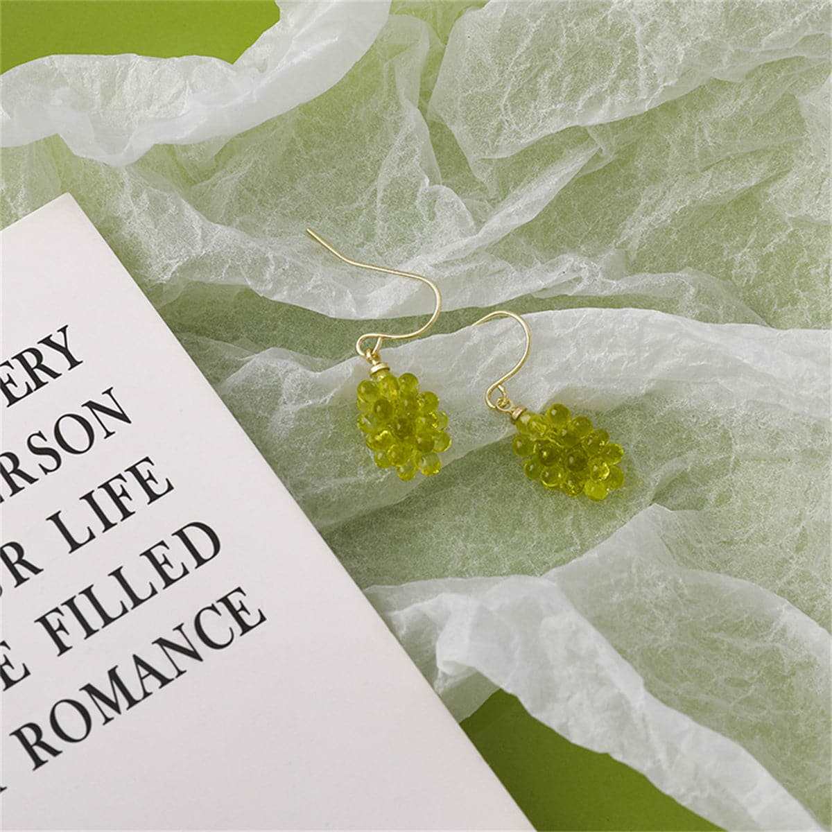 Green Transparent Resin & Goldtone Grape Bunch Drop Earrings