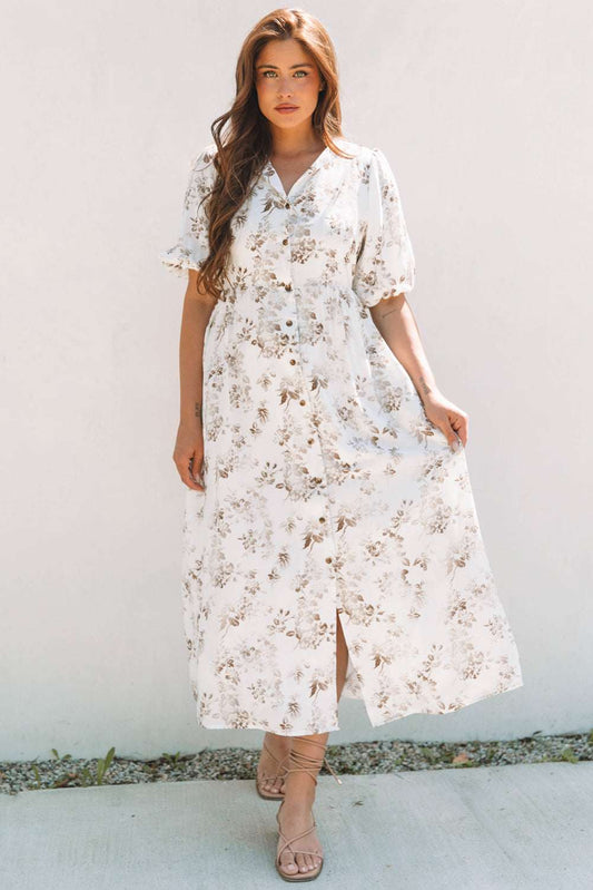 Threaded Pear Iliana Floral Puff Sleeve V Neck Buttoned Front Maxi Dress