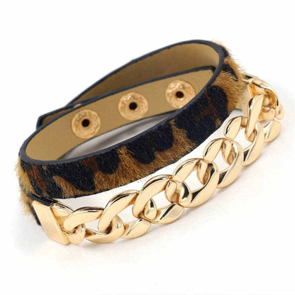 Brown Leopard Print & Goldtone Figaro Chain Layered Bracelet