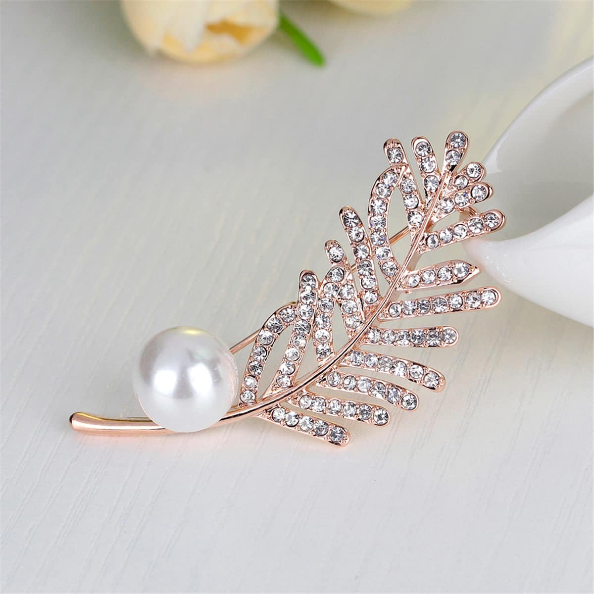 Cubic Zirconia & Pearl Goldtone Leaf Brooch