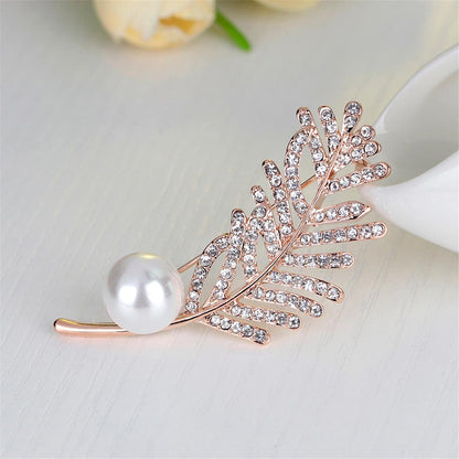 Cubic Zirconia & Pearl Goldtone Leaf Brooch