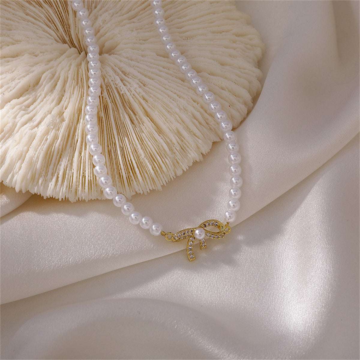Pearl & Cubic Zirconia Goldtone Pavé Bow Necklace