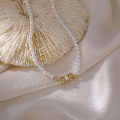 Pearl & Cubic Zirconia Goldtone Pavé Bow Necklace
