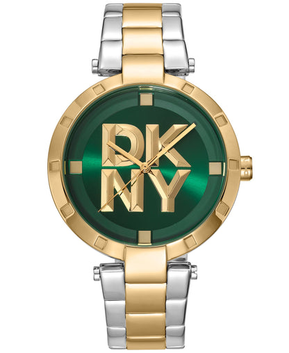 Dkny Women Watch, Two Tone Silver & Gold Color Case, Dark Green Dial, Two Tone Silver & Gold Color Metal Bracelet, 3 Hands, 5 Atm