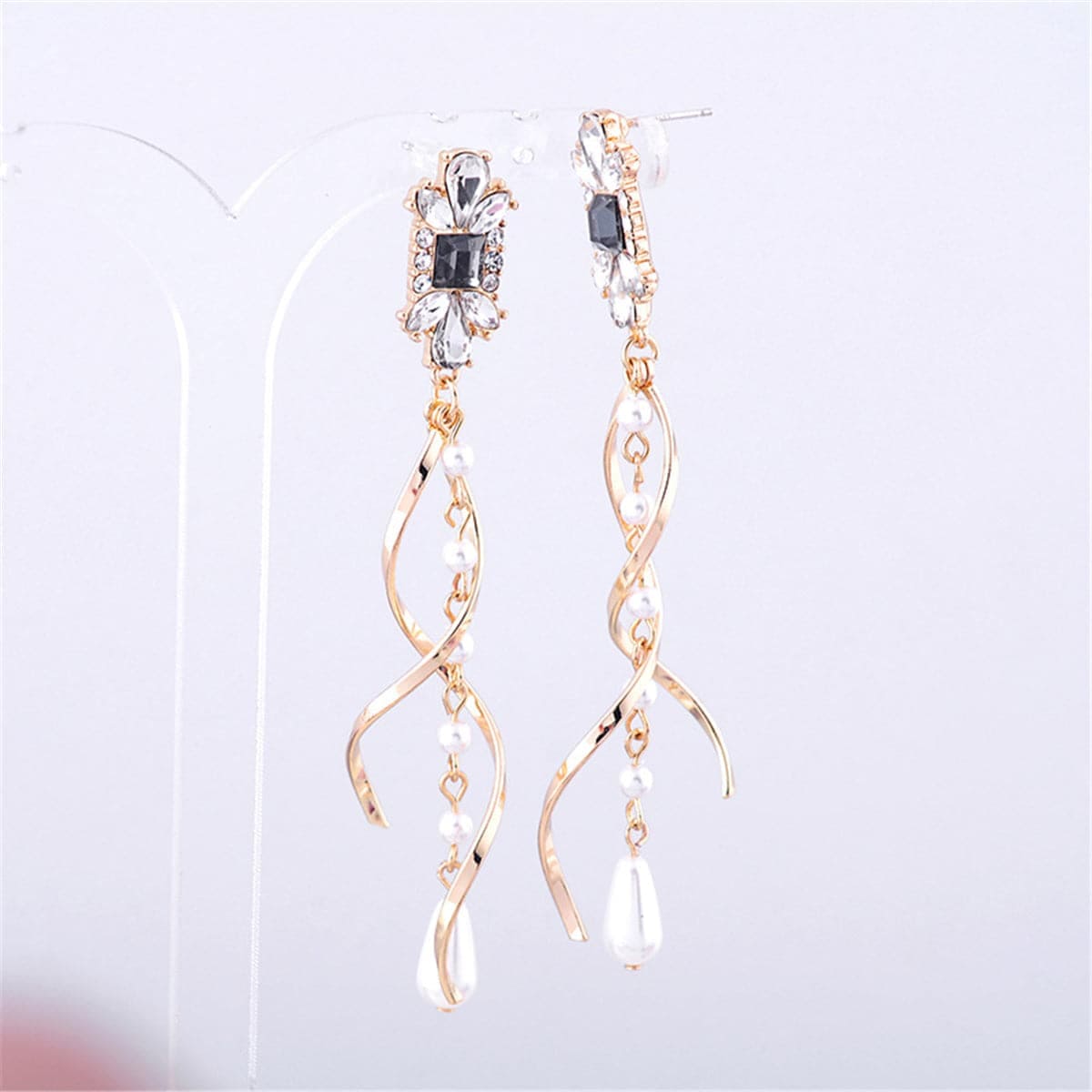 Cubic Zirconia & Pearl Goldtone Twist Drop Earrings