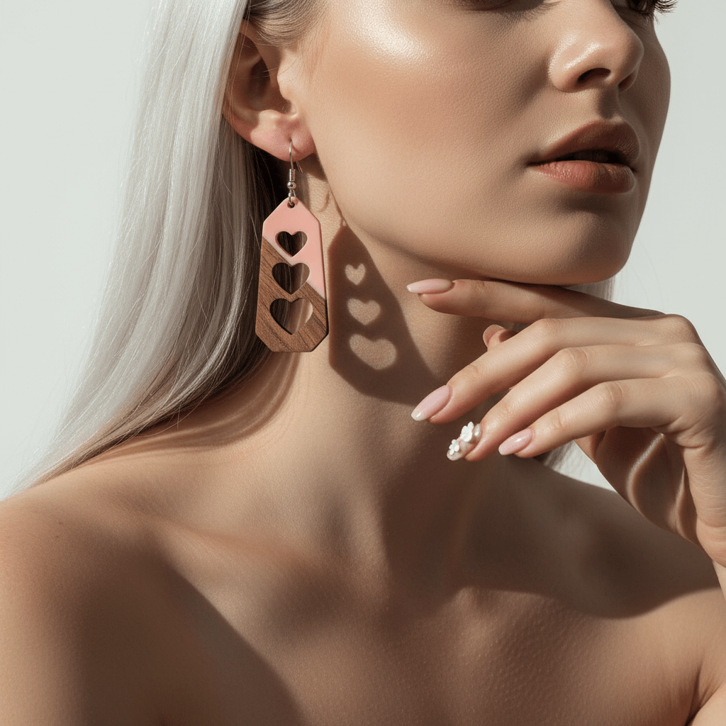 Pink Resin & Wood Silvertone Graduated Heart Hook Earrings