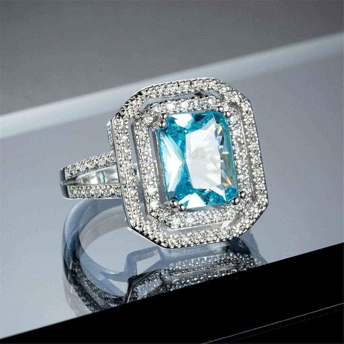Sea Blue Crystal & Cubic Zirconia Cushion-Cut Pavé Ring