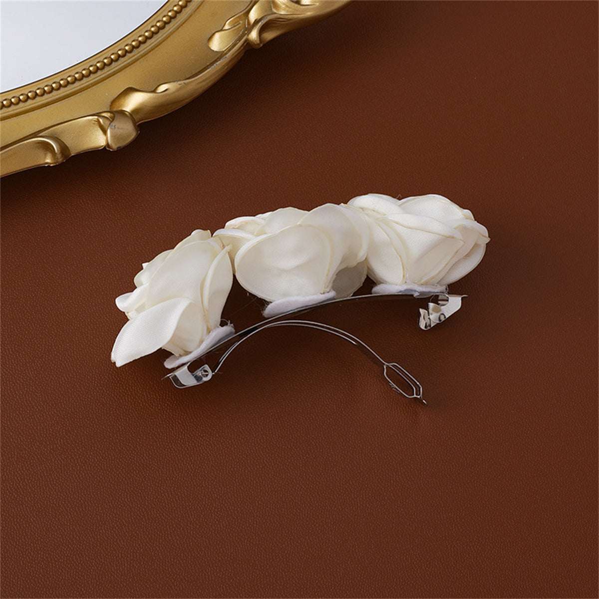 Silvertone & White Cloth Rose Hair Clip