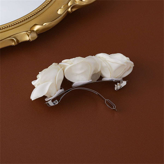 Silvertone & White Cloth Rose Hair Clip