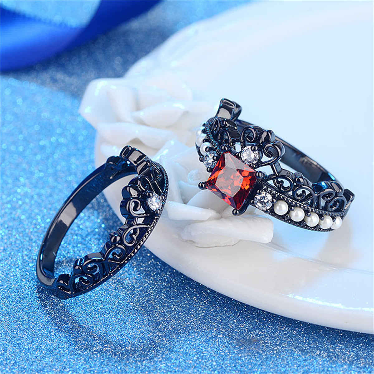 Red Crystal & Pearl Black-Tone Crown Ring Set-2