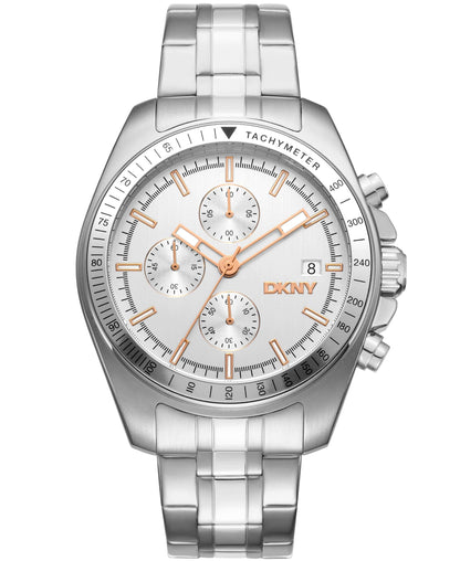 Dkny Men Watch, Silver Color Case, Silver Dial, Stainless Steel Metal Bracelet, Chronograph, 10 Atm