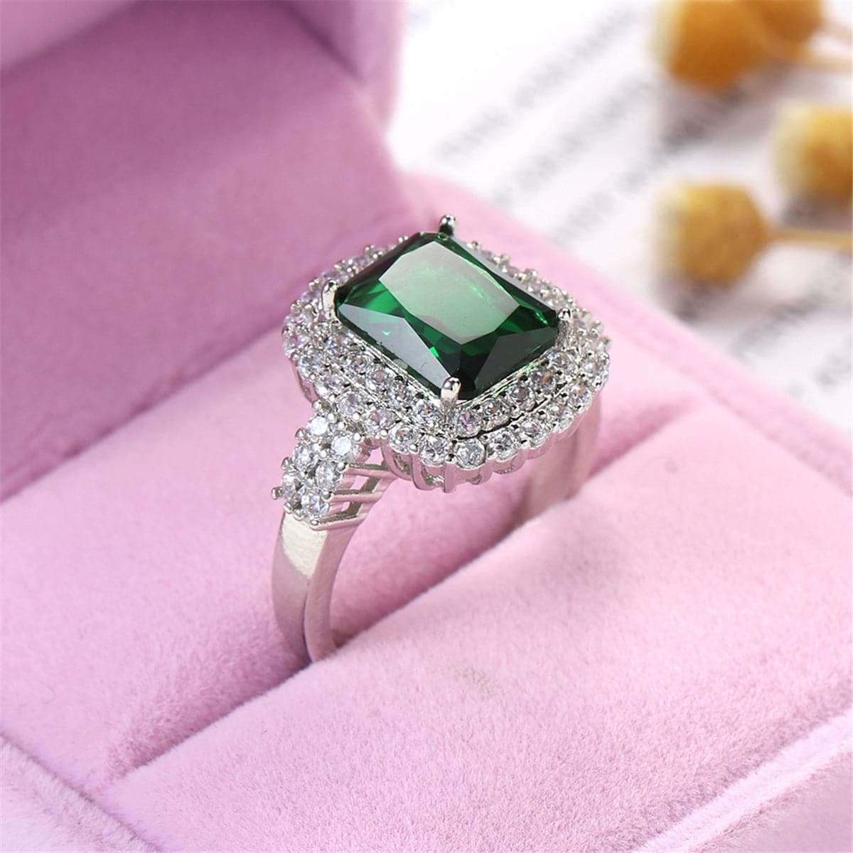 Green Crystal & Cubic Zirconia Double Halo Ring