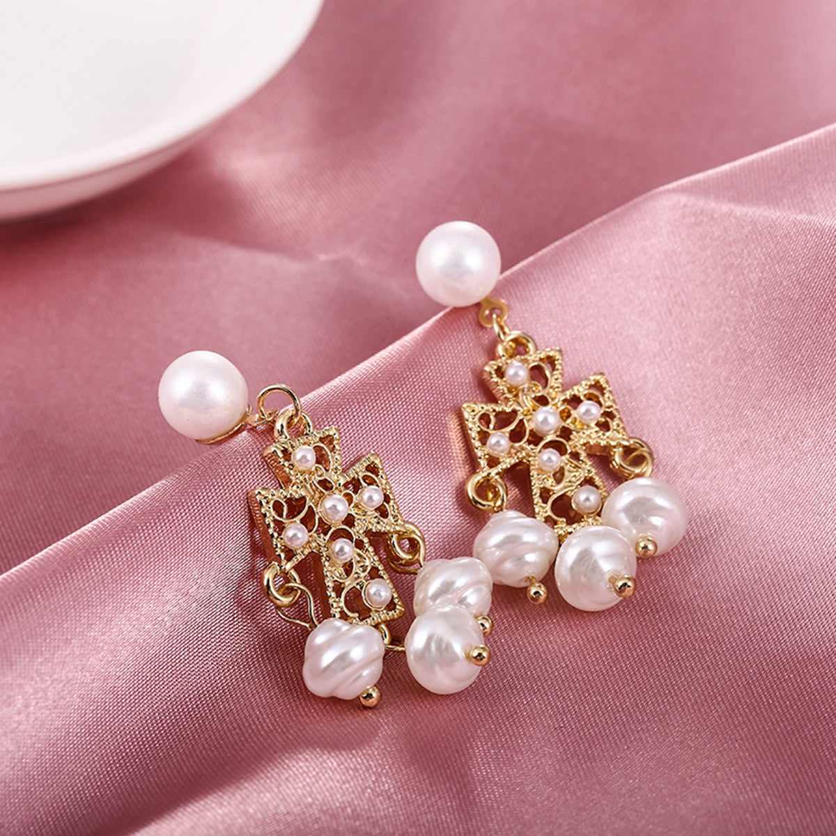 Pearl & Goldtone Chandelier Drop Earrings