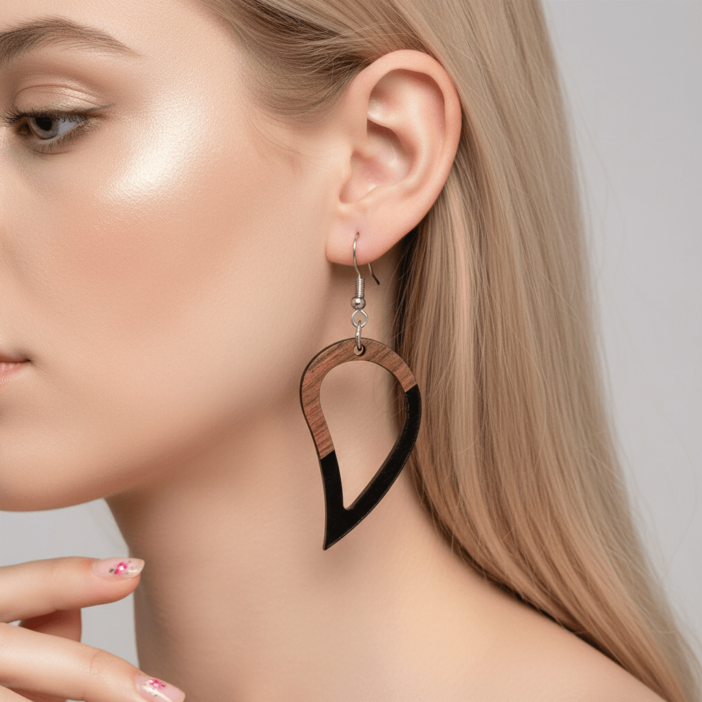 Black Resin & Wood Silvertone Upside-Down Drop Hook Earrings