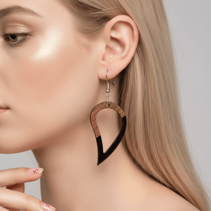 Black Resin & Wood Silvertone Upside-Down Drop Hook Earrings