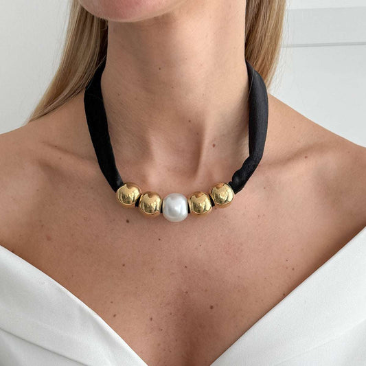 Black Polyster & Pearl Goldtone Ball Collar Necklace