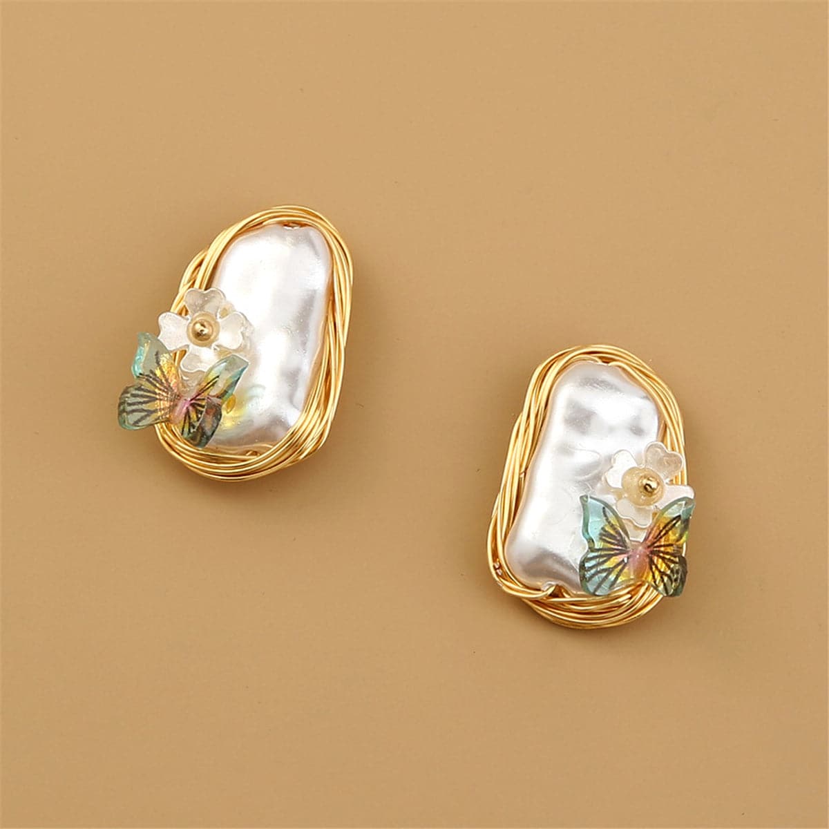 Pearl & Green Butterfly Stud Earrings