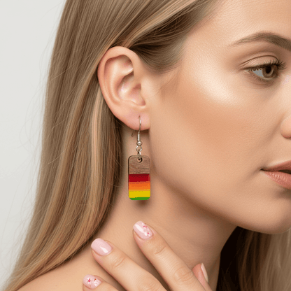 Multi-Colored Resin & Wood Silvertone Stripped Rectangle Hook Earrings