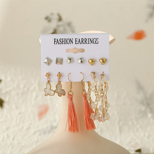 Coral Polyster & Acrylic Goldtone Heart Butterfly Drop Earring Set