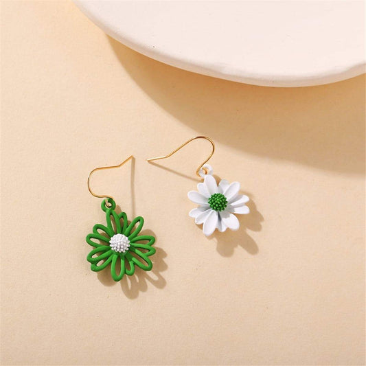 Green & White Enamel Goldtone Mum Drop Earrings