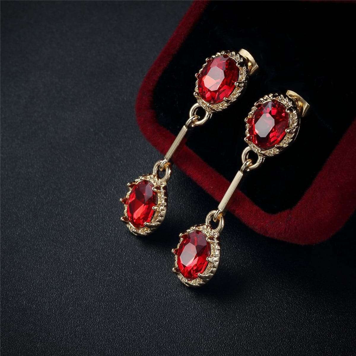 Red Crystal & Goldtone Stacked Oval Drop Earrings