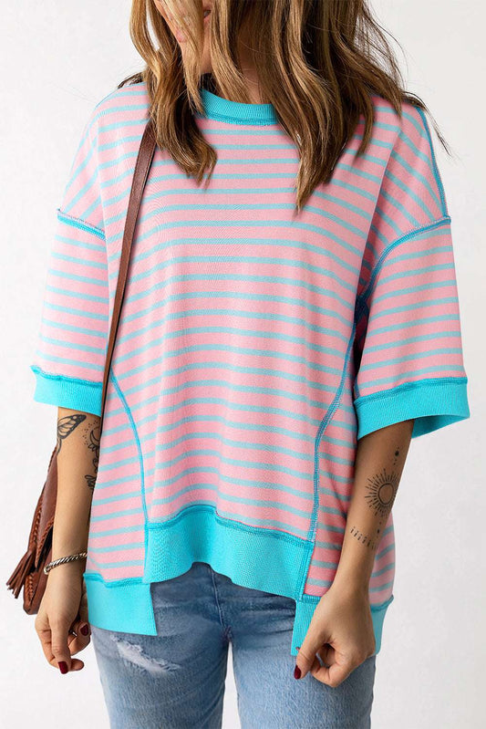 Threaded Pear Adley Stripe Oversized Exposed Seam High Low Top
