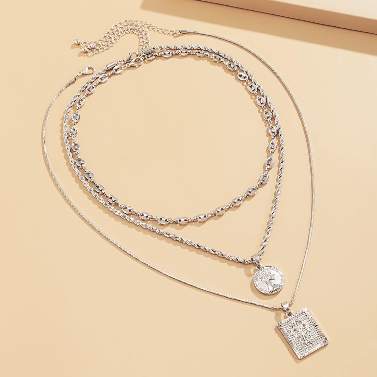 Silvertone Coin & Butterfly Layered Pendant Necklace