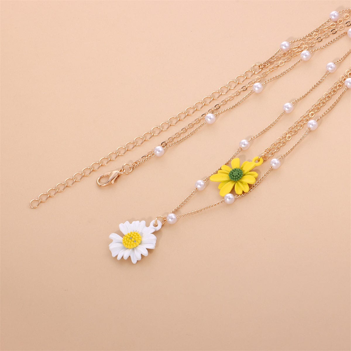 Yellow Enamel & Pearl Goldtone Mum Layered Pendant Necklace