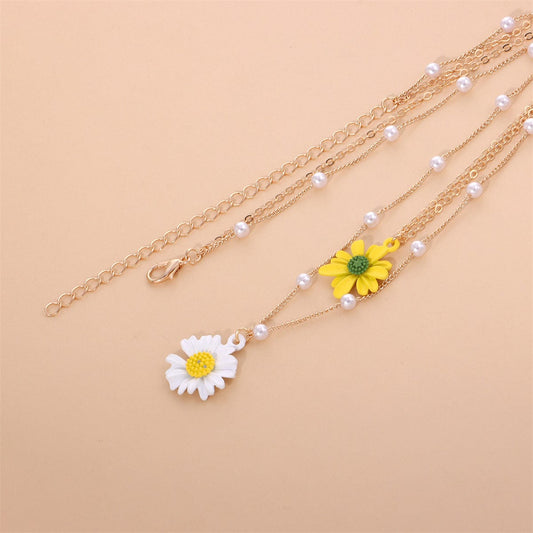 Yellow Enamel & Pearl Goldtone Mum Layered Pendant Necklace