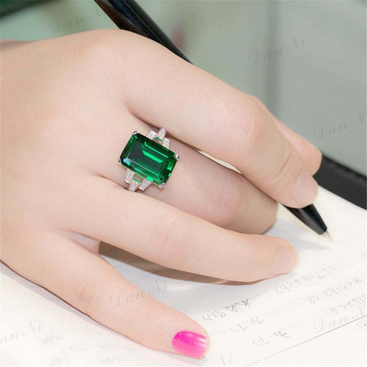 Green Cubic Zirconia & Crystal Cushion-Cut Ring