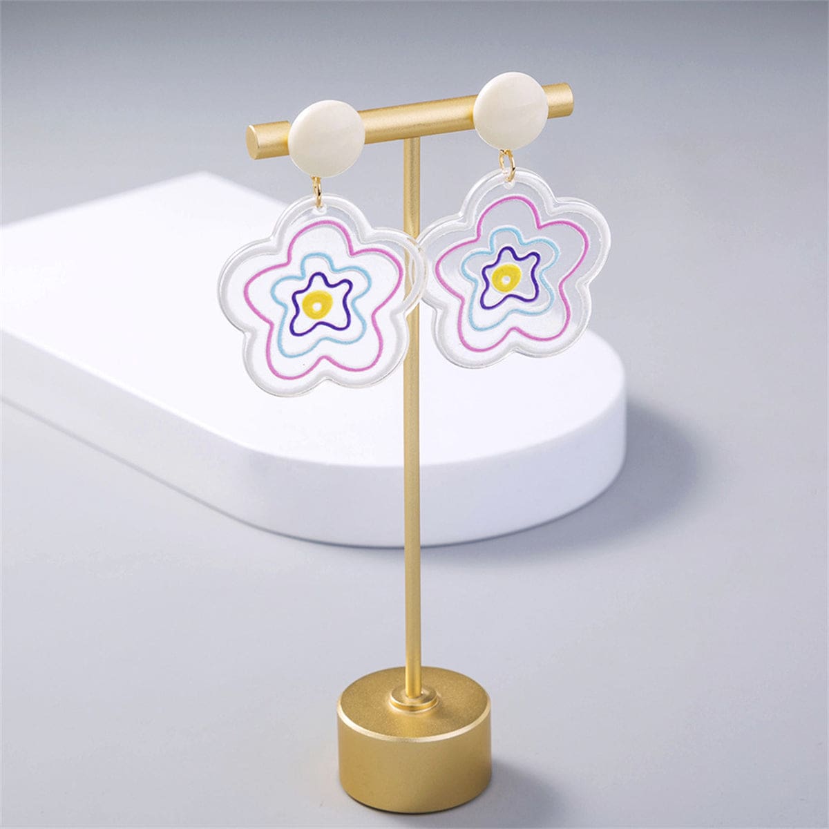 Pink Acrylic & Goldtone Floral Drop Earrings