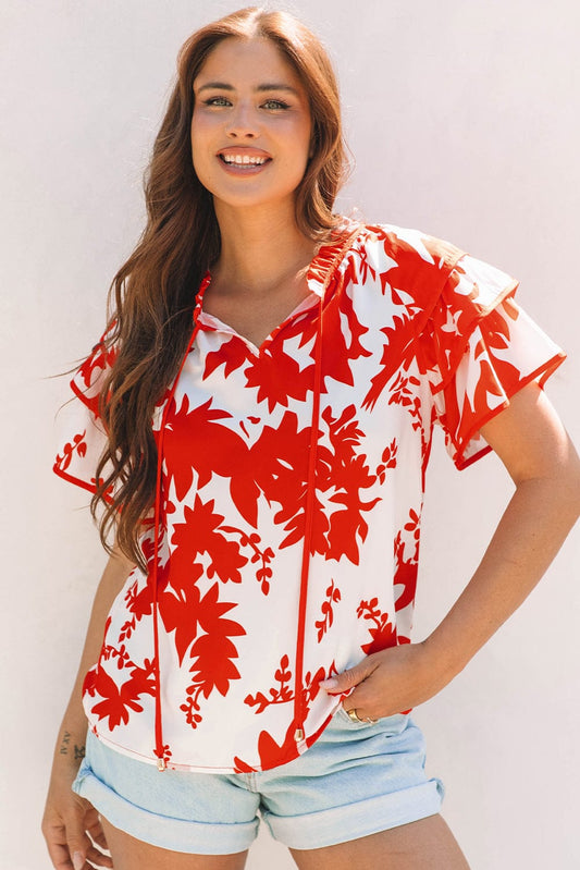 Threaded Pear Zoya Tiered Ruffled Sleeve V Neck Blouse